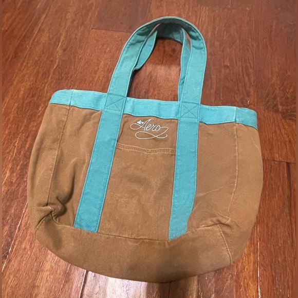 Y2K Aero Tote Bag Brown & Aqua Blue Logo Striped Interior Rare - Picture 1 of 4